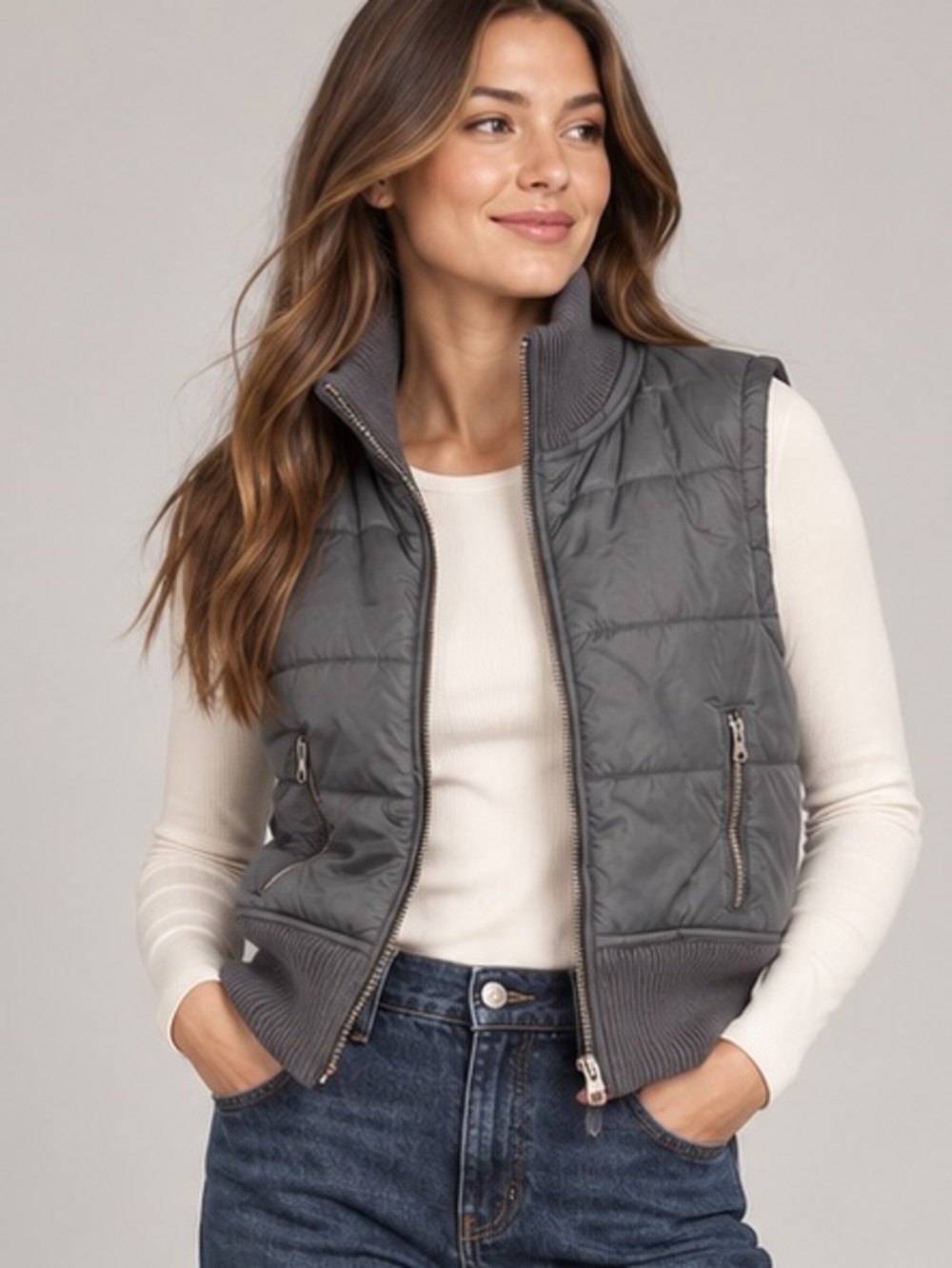 Charcoal Grey Quilted Zip-Up Vest Size M